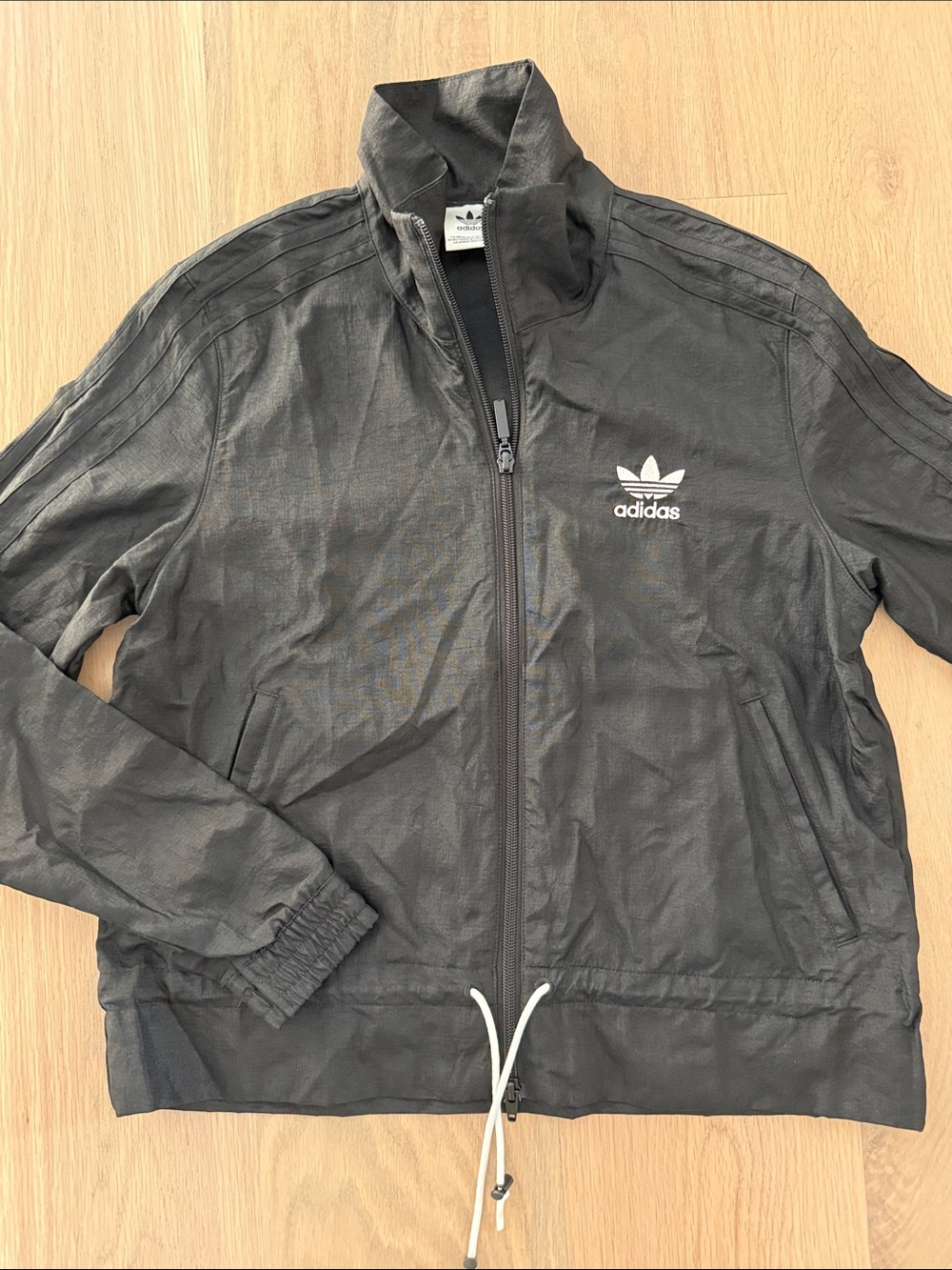 adidas Originals Black 3-Stripe Windbreaker Track Jacket Drawstring Size S